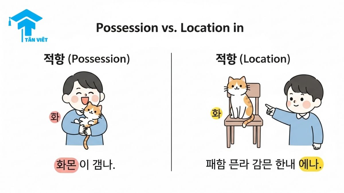Làm Chủ Ngữ Pháp 이/가 있다/없다: "Có/Không Có" & Phân Biệt Với 에 있다/없다 2 A comparative infographic in a cute Korean style explaining the difference between 'N + 이/가 있다' for possession and 'N + 에 있다' for location, using the example of a cat to show 'I have a cat' versus 'The cat is on the chair'.