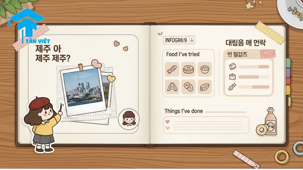 Ngữ pháp V-아/어 보다: Toàn tập cách nói "Thử" và "Đã Từng" 2 A cute scrapbook-style infographic explaining the Korean grammar V-a/eo boda for past experiences. It shows examples like 'have you been to Jeju?' and 'I have tried kimchi'. Keywords: Korean grammar experience, V-a/eo bwass-eoyo, how to say 'have you ever' in Korean, Korean travel vocabulary.