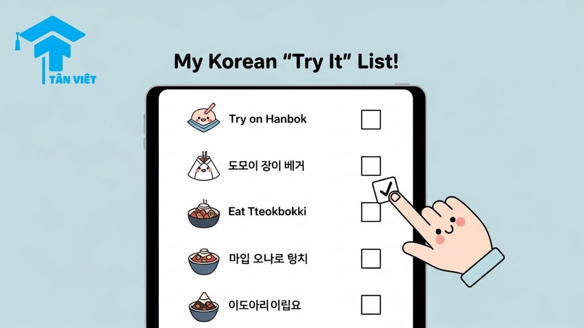 Ngữ pháp V-아/어 보다: Toàn tập cách nói "Thử" và "Đã Từng" 3 Infographic illustrating the Korean grammar V-a/eo boda for recommendations, using a cute 'Try It' bucket list. It includes examples like 'try wearing Hanbok' and 'try eating Tteokbokki'. Keywords: V-a/eo boseyo, how to recommend in Korean, Korean culture activities, trying Korean food.