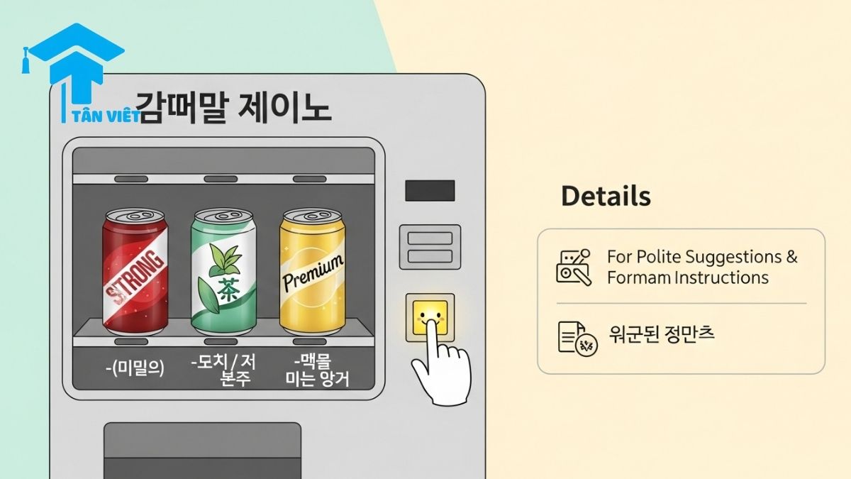 Ngữ pháp V-도록 하다: Hướng dẫn toàn tập cách dùng, ví dụ & lưu ý 4 An infographic comparing Korean grammar points using a cute vending machine. It highlights V-dorok hada as the golden choice for polite suggestions, comparing it with -euseyo and -a/eo boseyo. Keywords: V-dorok hada grammar, Korean grammar comparison, polite Korean expressions.