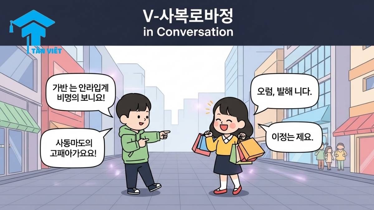Ngữ pháp V-고 있다: Toàn Tập Cách Dùng "Đang" Trong Tiếng Hàn & Phân Biệt 4 Infographic showing a cute Korean dialogue to practice the V-go itda grammar, highlighting examples for 'wearing shoes' (a state) and 'shopping' (an action).