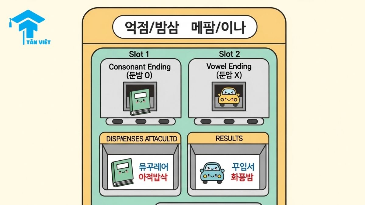 Làm Chủ Ngữ Pháp 이/가 있다/없다: "Có/Không Có" & Phân Biệt Với 에 있다/없다 3 A cute infographic explaining the Korean particle rule for 이/가 있다/없다 using a vending machine concept. It shows how nouns with a final consonant (patchim) use '이' and nouns without use '가'.