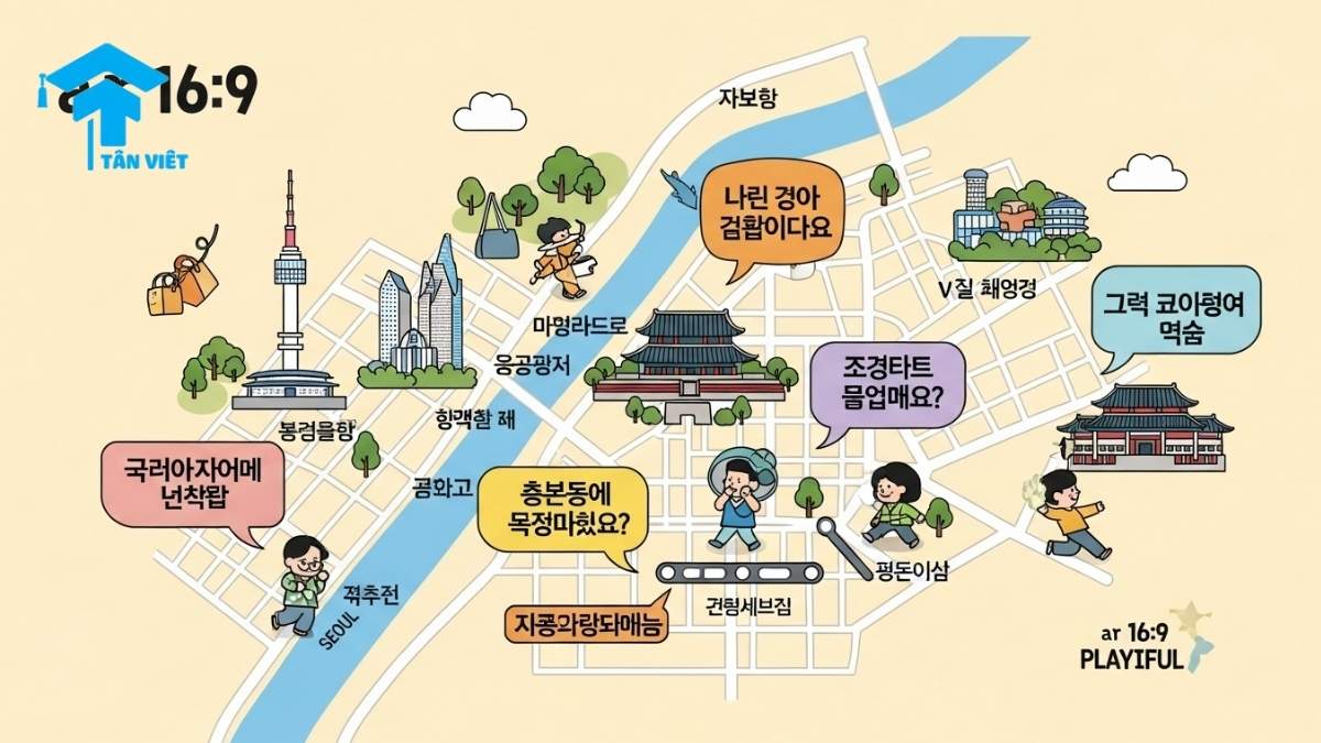 A visual map of Seoul used as an infographic to teach 1000 essential Korean travel phrases. This beginner's guide to Korean communication shows practical sentences for situations like shopping, transport, and sightseeing, perfect for Vietnamese tourists. Keywords: Korean travel phrases, 1000 Korean phrases, beginner Korean communication