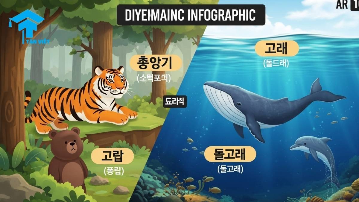 150+ Từ Vựng Tiếng Hàn Về Động Vật (Kèm Phiên Âm & Thành Ngữ) 2 A split-screen infographic for learning Korean animal names. The left side shows wild animals in a forest: a tiger (호랑이 - horangi) and a bear (곰 - gom). The right side shows sea animals underwater: a whale (고래 - gorae) and a dolphin (돌고래 - dolgorae). Each animal has its Korean name in Hangul and romanization.