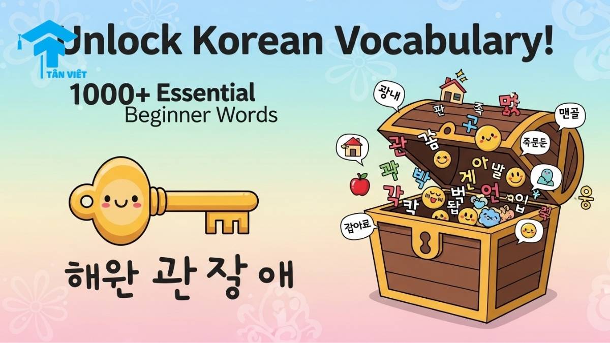 Infographic: Cute Korean key unlocking 1000+ essential beginner Korean vocabulary words organized by theme, including greetings, objects, and food. Learn basic Hangul visually.