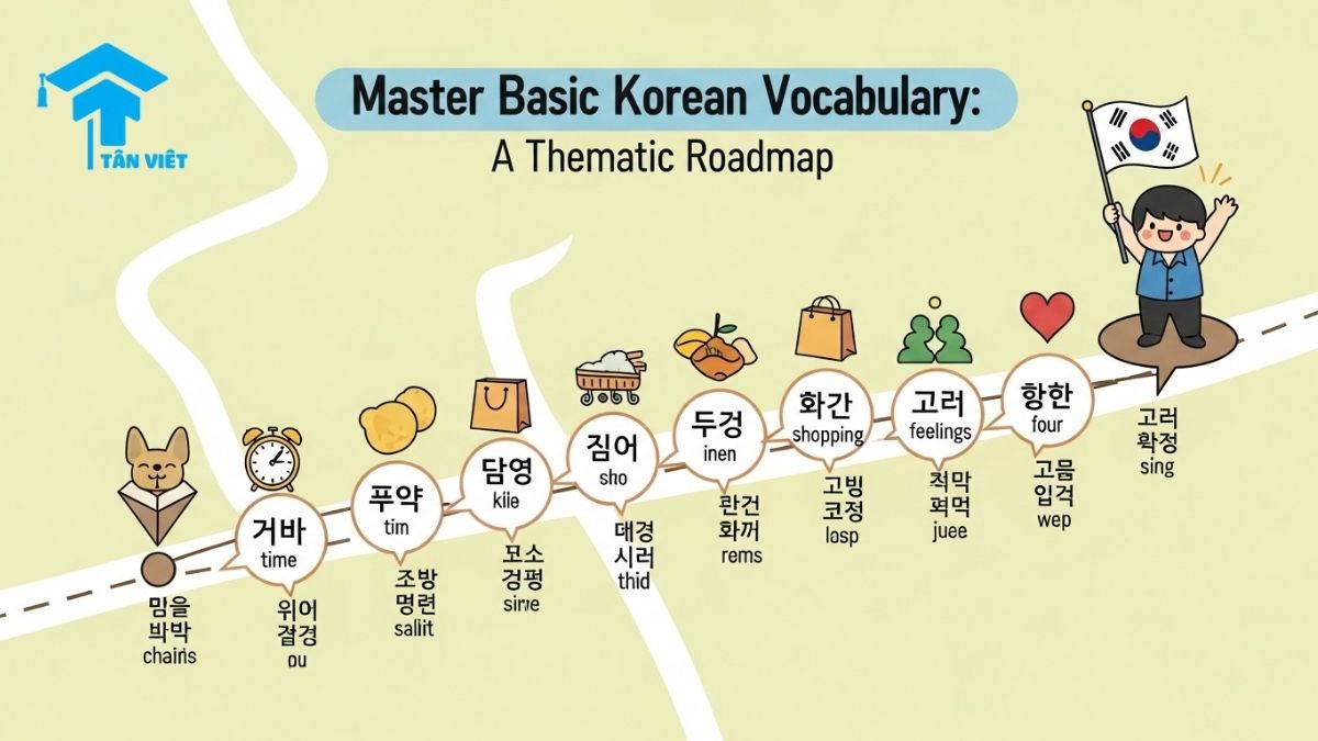 Infographic: Playful Korean vocabulary journey map to master basic Korean vocabulary thematically, covering time, shopping, and feelings. Learn essential Hangul words.