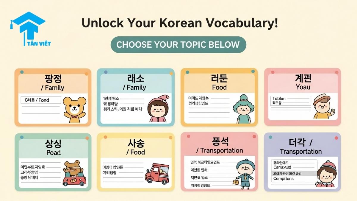 Infographic: Modern Korean digital bulletin board organizing Korean vocabulary by topic with cute illustrations for family (가족), food (음식), and transportation (교통). Choose your Korean vocabulary learning topic.