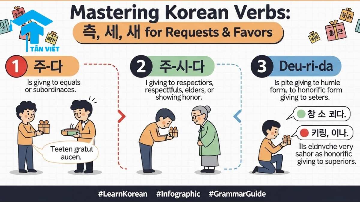 Ngữ pháp V-아/어 주다/드리다: Tất tần tật cách dùng để giao tiếp tự nhiên 4 Step-by-step cute infographic guide to understanding and using Korean verbs 주다, 주시다, and 드리다 for requests and showing favor, designed for effective learning. #LearnKorean #Infographic #GrammarGuide