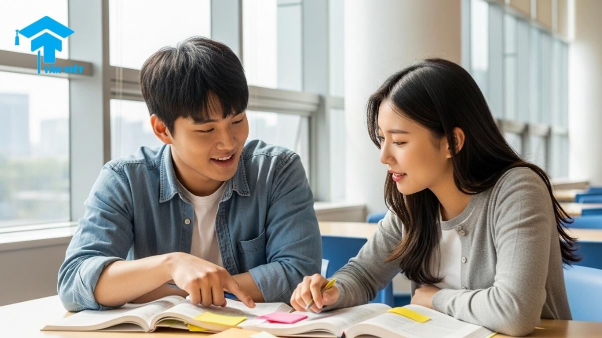 Ngữ pháp V + -아/어/여요: Cách Dùng Rủ Rê "...Nhé?" | Tân Việt Prime 2 Two students studying together with a Korean grammar textbook, demonstrating how to use the V + -아/어/여요 structure to make suggestions. This visual explains an informal polite Korean grammar point for beginner learners and is part of a lesson by Tan Viet Prime.