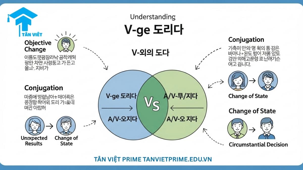 Ngữ Pháp V-게 되다 Toàn Tập: Cách Dùng, Ví Dụ & Phân Biệt Với -아/어지다 2 Sơ đồ infographic giải thích ngữ pháp tiếng Hàn "V-게 되다", so sánh trực quan với "A/V-아/어지다" bằng biểu đồ Venn, và trình bày chi tiết ý nghĩa về sự thay đổi khách quan, quy tắc chia động từ, cùng các ứng dụng phổ biến như sự kiện bất ngờ và thay đổi trạng thái. Giúp cải thiện hiểu biết về cấu trúc câu tiếng Hàn.