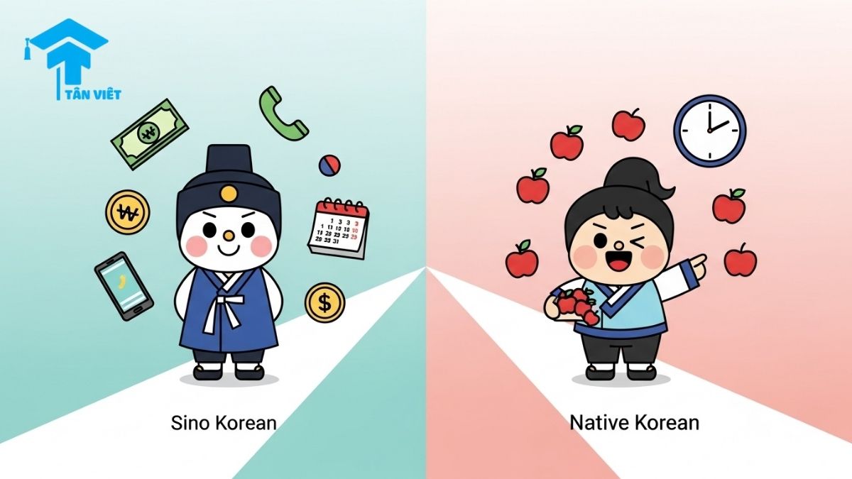 An educational illustration showing the two Korean number systems. A cute character on the left represents Sino-Korean numbers (Hán Hàn) used for money and dates, while a character on the right represents Native Korean numbers (Thuần Hàn) for counting objects and telling time. A helpful visual for learning Korean.