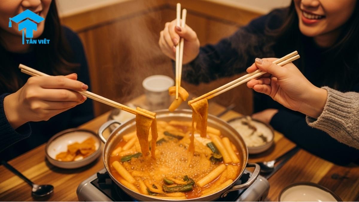 Ngữ Pháp V-자 Trong Tiếng Hàn (7+ Ý Nghĩa & So Sánh -자마자) 3 Hai người bạn thân đang cùng nhau ăn chung một nồi tokbokki nóng hổi, thể hiện sự gắn kết và sắc thái suồng sã của ngữ pháp V-자 (먹자)