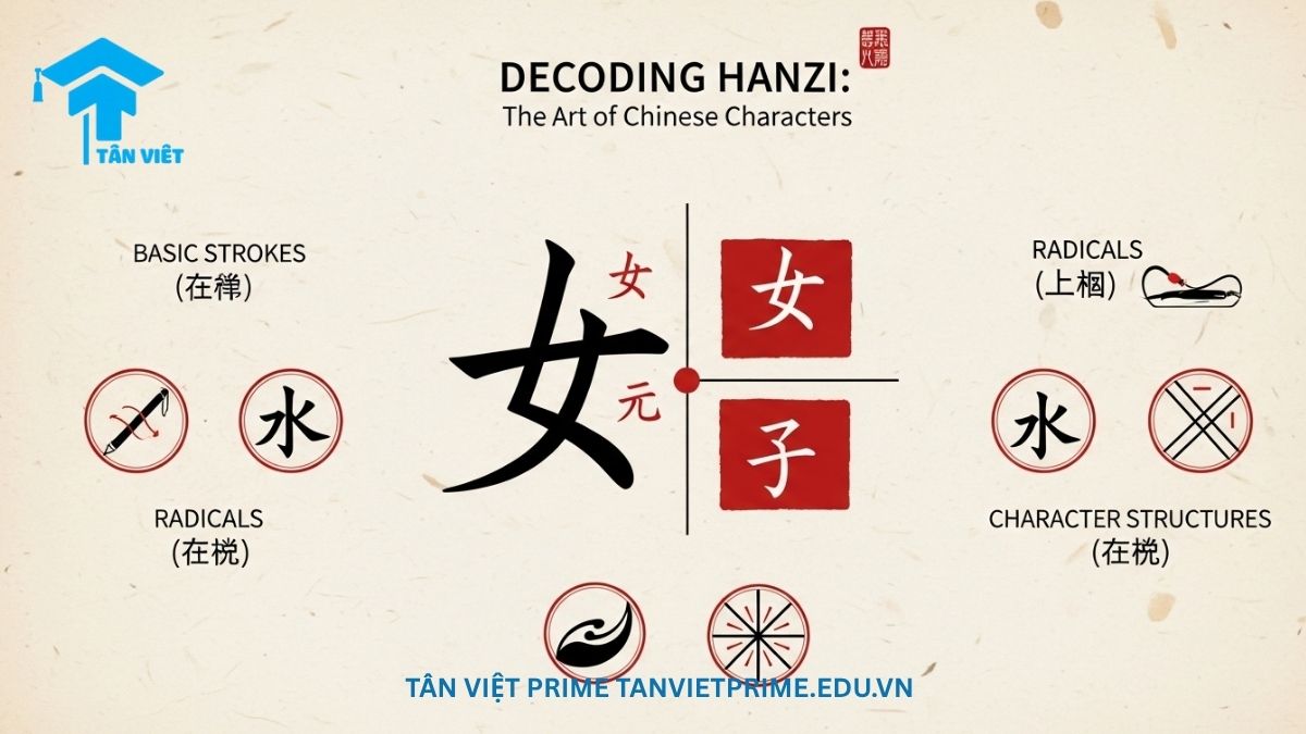 Infographic giải thích cấu trúc của chữ Hán (Hanzi), minh họa các nét bút cơ bản, bộ thủ phổ biến và các dạng kết cấu để giải mã cách hình thành ký tự. Cần thiết cho việc học đọc và viết tiếng Trung.