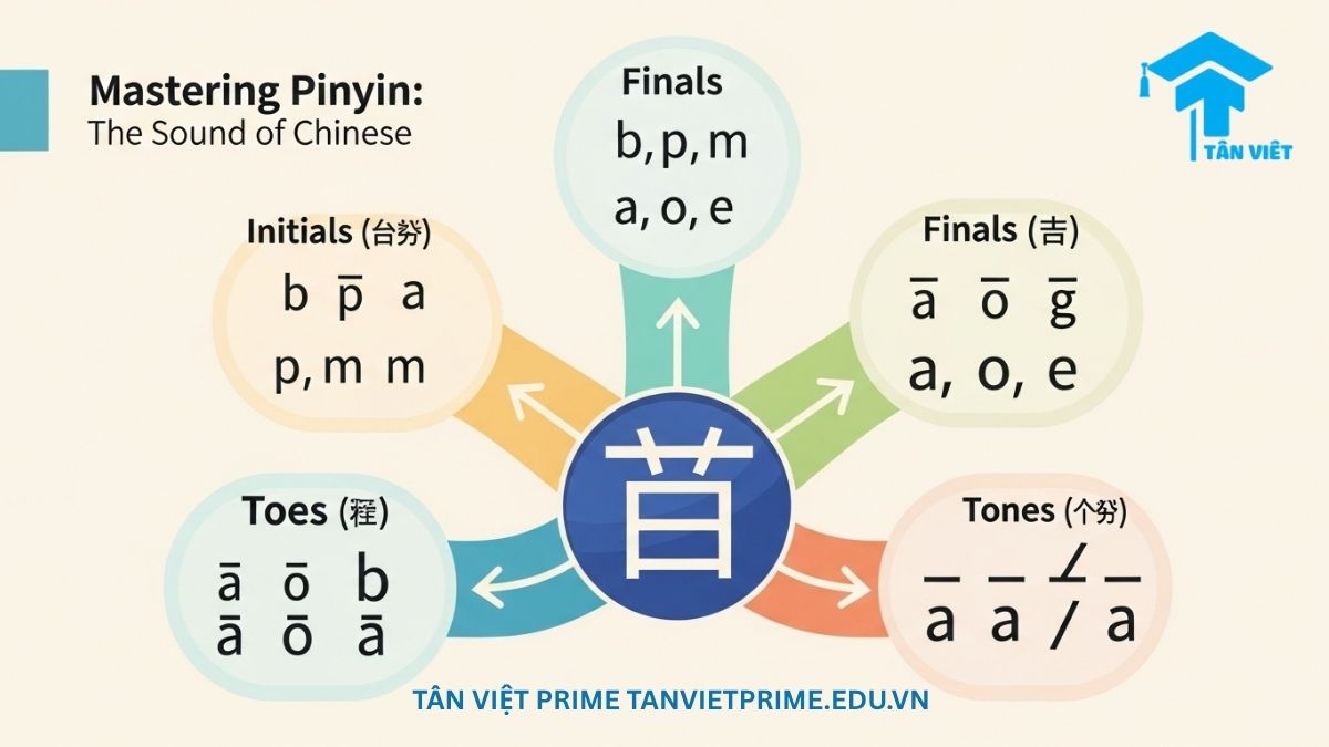 Infographic giải thích hệ thống Pinyin, mô tả 3 thành phần cốt lõi: Thanh mẫu (Initials), Vận mẫu (Finals), và Thanh điệu (Tones) để làm rõ nền tảng phát âm tiếng Trung. Một tài nguyên quan trọng cho người mới bắt đầu học nói tiếng Quan Thoại.