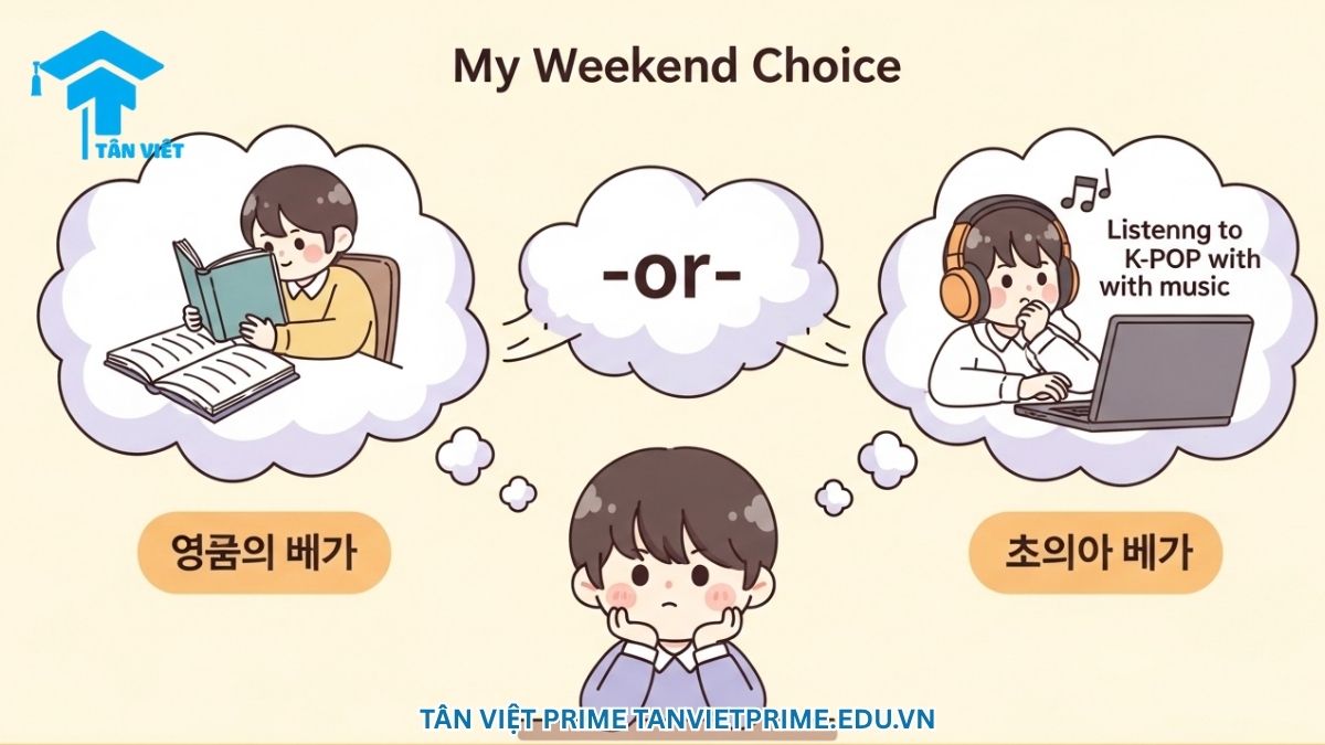 Hình ảnh minh họa ngữ pháp A/V-거나, mô tả một học sinh chibi đang phân vân giữa hai lựa chọn trong bong bóng suy nghĩ là 'đọc sách' hoặc 'nghe nhạc', làm rõ cách dùng -거나 để diễn tả sự lựa chọn.