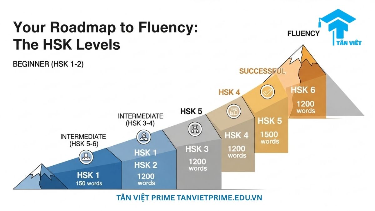 Infographic minh họa các cấp độ thi HSK như một lộ trình đến sự thành thạo, thể hiện sự tiến bộ từ HSK 1 đến HSK 6 cùng với yêu cầu về từ vựng tương ứng. Một hướng dẫn rõ ràng cho học viên có kế hoạch thi chứng chỉ HSK.