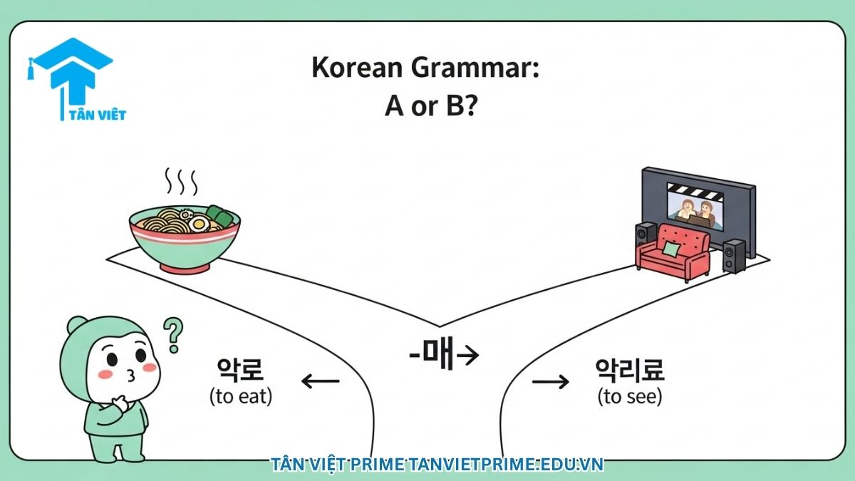 Infographic giải thích ngữ pháp tiếng Hàn A/V-거나, mô tả một nhân vật chibi đứng trước hai con đường lựa chọn 'ăn mì' hoặc 'xem phim', để làm rõ ý nghĩa lựa chọn "hoặc là" giữa hai hành động.