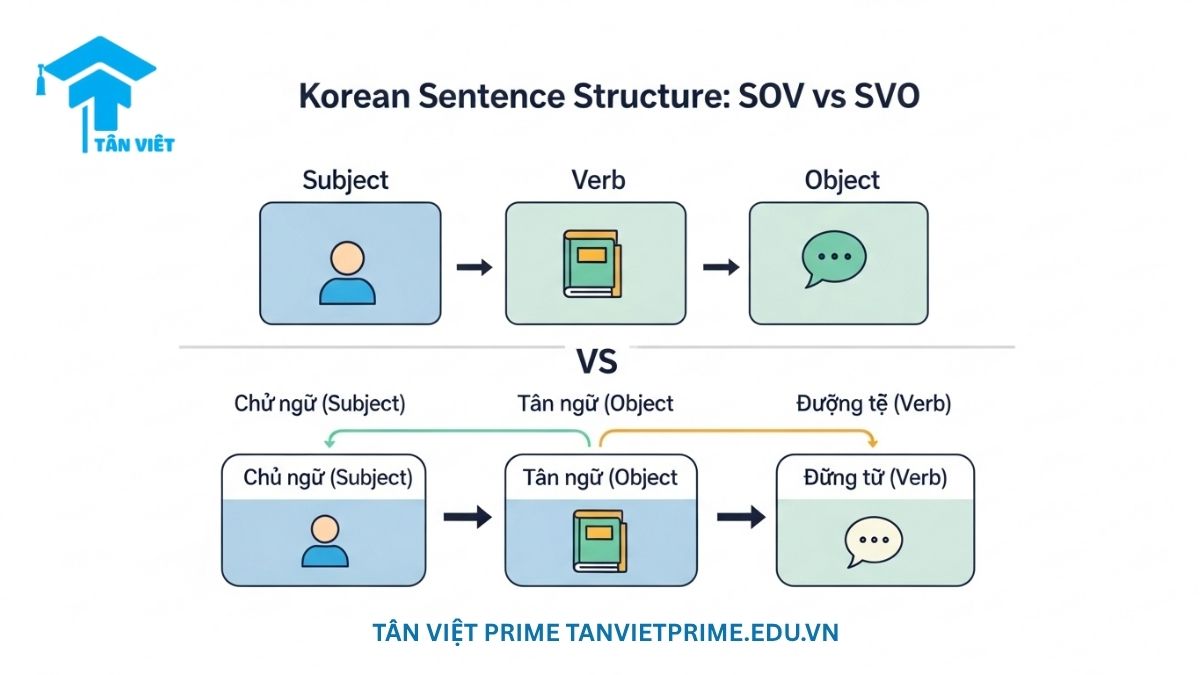 Infographic giải thích cấu trúc câu tiếng Hàn SOV (Chủ ngữ - Tân ngữ - Động từ), so sánh trực quan với cấu trúc SVO của tiếng Anh/Việt để làm rõ sự khác biệt cốt lõi trong trật tự từ. Giúp người mới học hình dung và ghi nhớ ngữ pháp cơ bản.