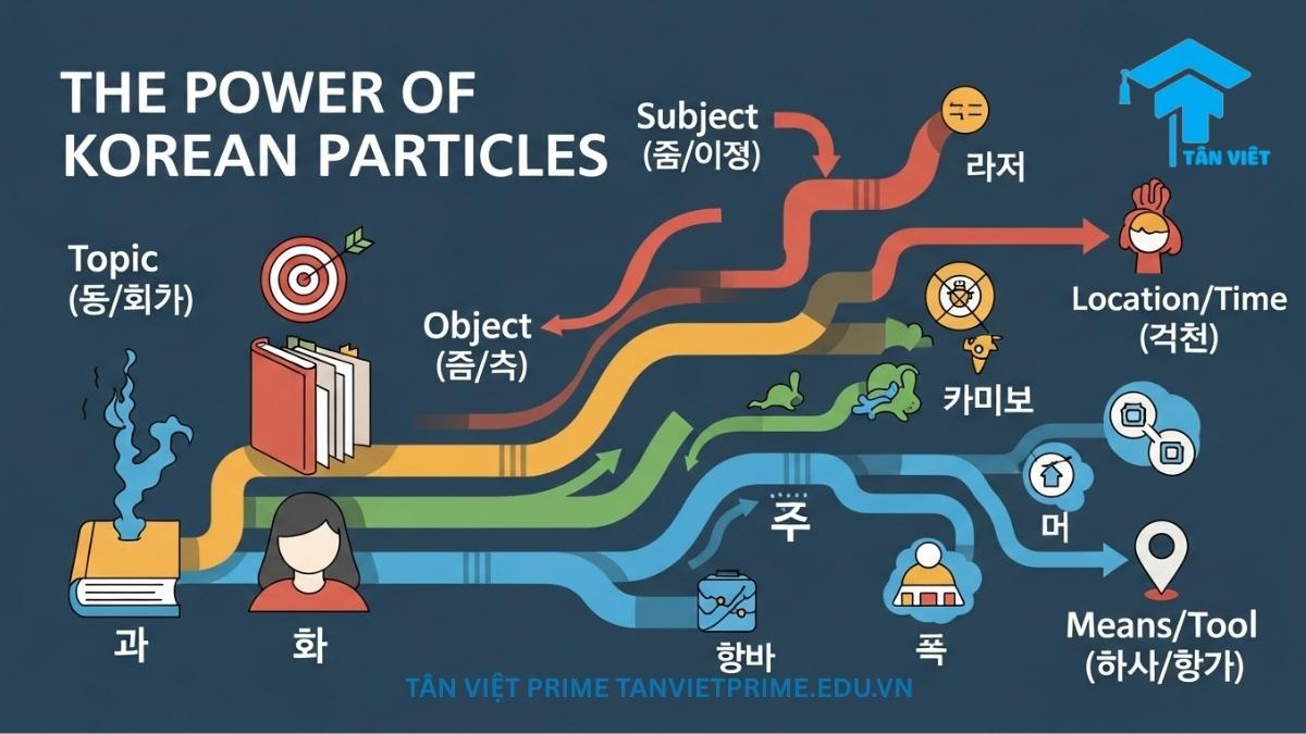 Sơ đồ giải thích các tiểu từ tiếng Hàn quan trọng (은/는, 이/가, 을/를, 에), mô tả cách chúng gắn vào danh từ để quyết định chức năng ngữ pháp của từ trong câu. Giúp phân biệt vai trò của chủ ngữ, chủ đề, tân ngữ.