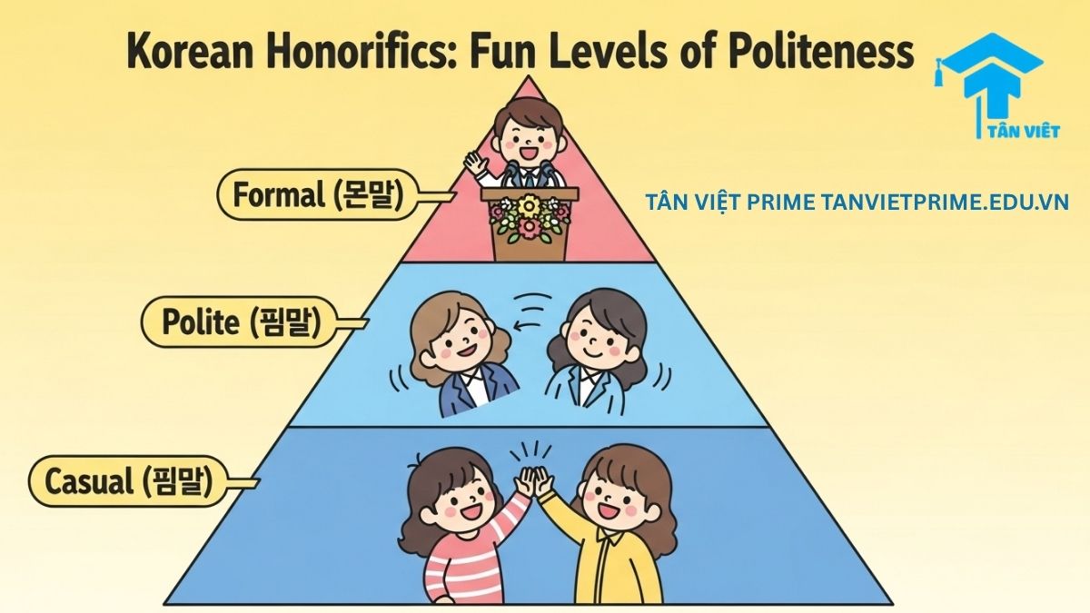Hình ảnh minh họa hệ thống kính ngữ tiếng Hàn, mô tả 3 cấp độ giao tiếp chính từ thân mật (반말) đến lịch sự (해요체) và trang trọng (하십시오체) để làm rõ nghệ thuật tôn trọng trong văn hóa Hàn Quốc.