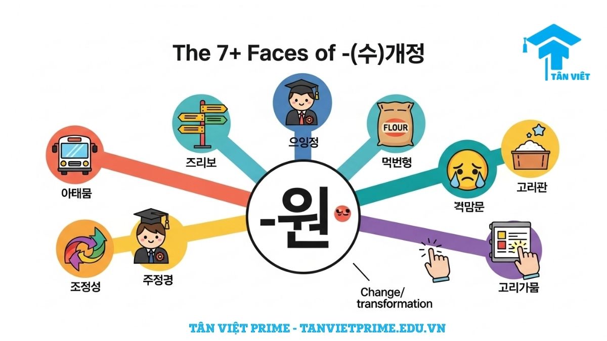 [Sơ đồ tư duy] giải thích 7+ cách dùng của ngữ pháp tiếng Hàn -(으)로, mô tả tiểu từ 로 ở trung tâm tỏa ra các nhánh ý nghĩa như "bằng" (xe buýt), "về phía" (mũi tên), "vì" (cảm cúm), "làm từ" (bột mỳ), giúp làm rõ tính đa nghĩa của tiểu từ. [Học ngữ pháp -(으)로].