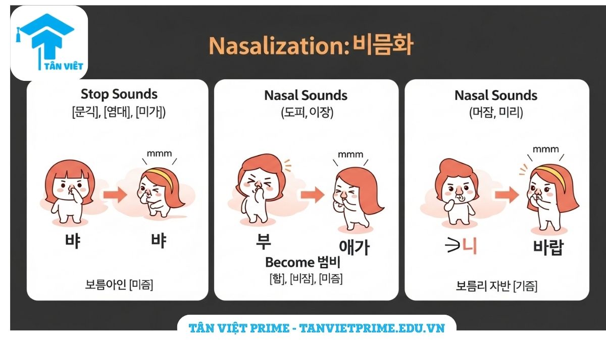 Infographic giải thích quy tắc mũi âm hóa (비음화) tiếng Hàn, mô tả cách phụ âm [ㄱ, ㄷ, ㅂ] biến đổi thành [ㅇ, ㄴ, ㅁ] khi gặp [ㄴ, ㅁ] để làm rõ sự thay đổi âm thanh. Ví dụ về mũi âm hóa, giúp phát âm mềm mại hơn.