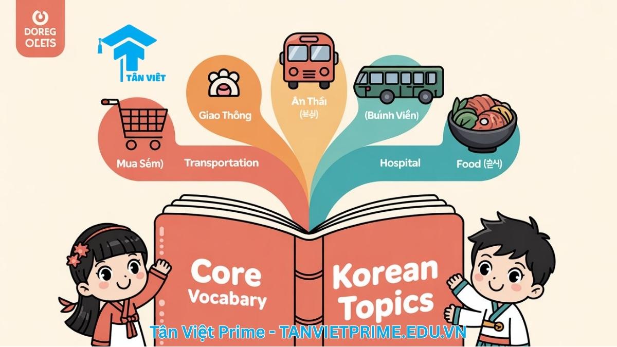 Sơ đồ giải thích các chủ đề từ vựng tiếng Hàn sơ cấp 2, mô tả một cuốn từ điển ở trung tâm tỏa ra các nhánh chủ đề như mua sắm, giao thông, bệnh viện để làm rõ phạm vi kiến thức cần học. Bao gồm từ vựng TOPIK I và II
