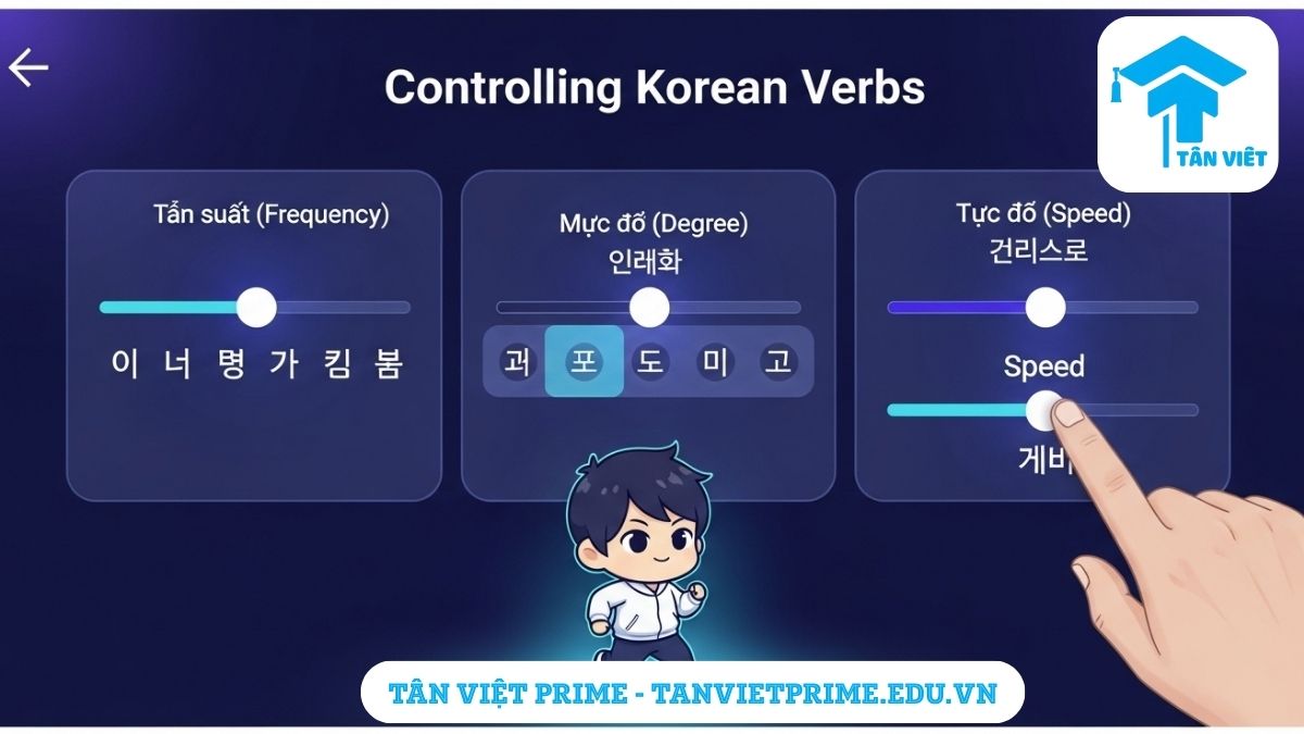 Infographic giải thích các loại phó từ trong tiếng Hàn, mô tả một bảng điều khiển với các thanh trượt để điều chỉnh 'Mức độ', 'Tần suất', 'Tốc độ' của một hành động để làm rõ cách các nhóm phó từ khác nhau bổ nghĩa cho động từ. Giúp phân biệt phó từ chỉ thời gian, mức độ, tần suất.