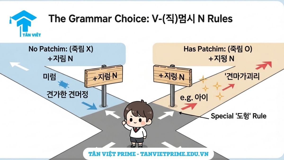 V-(으)ㄹ N: Cách dùng & Phân biệt định ngữ (으)ㄴ/는 | Tân Việt Prime 3 Sơ đồ giải thích cách chia ngữ pháp V-(으)ㄹ N, mô tả hai con đường cho động từ có patchim (+을) và không có patchim (+ㄹ) để làm rõ quy tắc kết hợp động từ với định ngữ tương lai một cách chính xác.