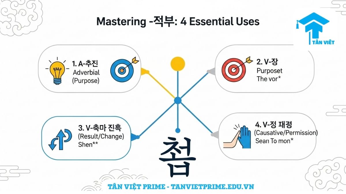Sơ đồ tóm tắt 4 cách dùng chính của ngữ pháp -게 tiếng Hàn, minh họa vai trò biến tính từ thành trạng từ, diễn tả mục đích, sự thay đổi khách quan và ý nghĩa sai khiến. Học ngữ pháp -게, cấu trúc câu tiếng Hàn, hướng dẫn chi tiết.