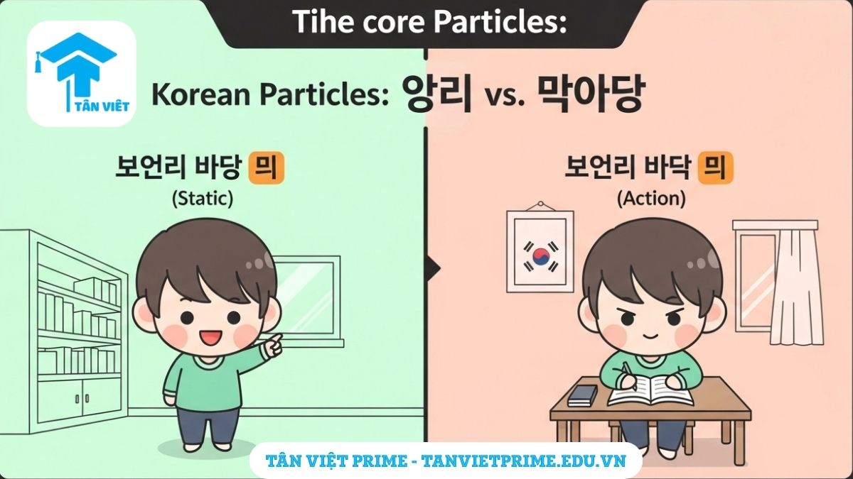 Infographic giải thích sự khác biệt cốt lõi giữa '에' và '에서', mô tả một nhân vật chibi 'ở nhà' (tĩnh - dùng '에') và 'học bài ở nhà' (hành động - dùng '에서') để làm rõ khái niệm 'vị trí tĩnh' so với 'nơi chốn hành động'.