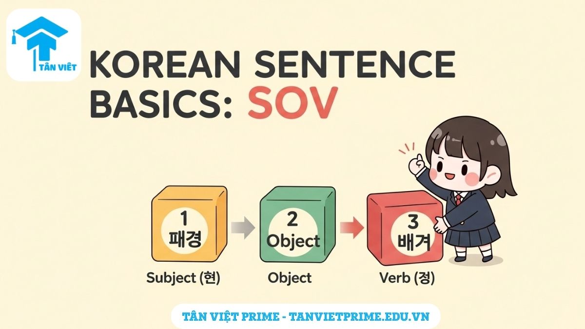 Sơ đồ minh họa cấu trúc câu tiếng Hàn cơ bản SOV (Chủ ngữ - Tân ngữ - Vị ngữ) qua hình ảnh một học sinh chibi đang xếp các khối block theo đúng trật tự.