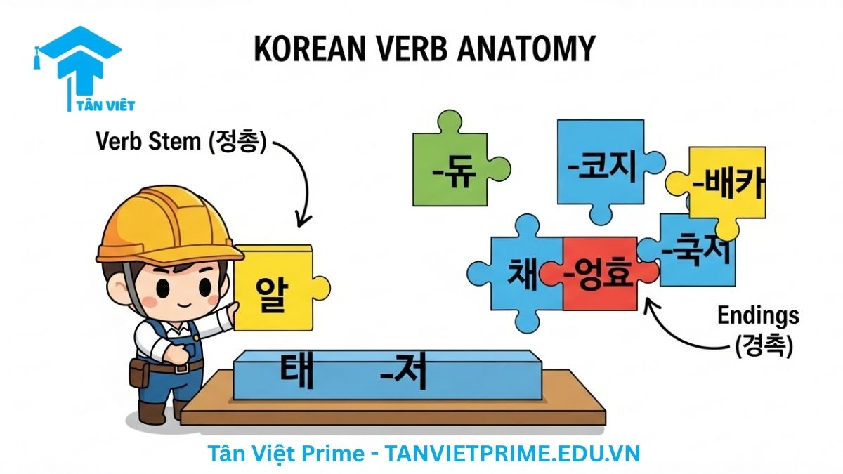 Động Từ Tiếng Hàn (한국어 동사): Toàn Tập Ngữ Pháp & Chia Động Từ A-Z 2 Infographic giải thích cấu trúc động từ tiếng Hàn, mô tả một nhân vật chibi đang lắp ráp "gốc động từ" (어간) với các "đuôi từ" (어미) khác nhau để làm rõ khái niệm chia động từ.