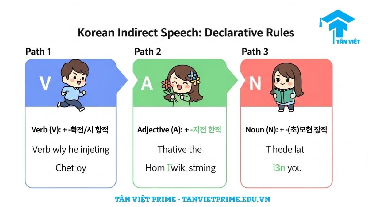 Sơ đồ infographic giải thích công thức ngữ pháp A/V-다고 하다, mô tả 3 quy tắc chia rõ ràng cho Động từ (V-ㄴ/는다고 하다), Tính từ (A-다고 하다), và Danh từ (N-(이)라고 하다).