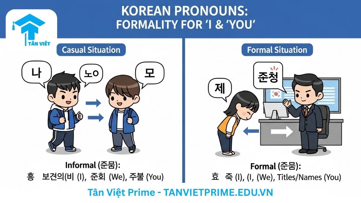 Infographic giải thích đại từ nhân xưng ngôi 1 và 2 trong tiếng Hàn theo cấp độ kính ngữ, mô tả cách dùng 나/저 (tôi) và 너/xưng hô thay thế (bạn) qua hình ảnh chibi trong bối cảnh thân mật và trang trọng để làm rõ sự khác biệt. Nắm vững xưng hô chuẩn kính ngữ tiếng Hàn.