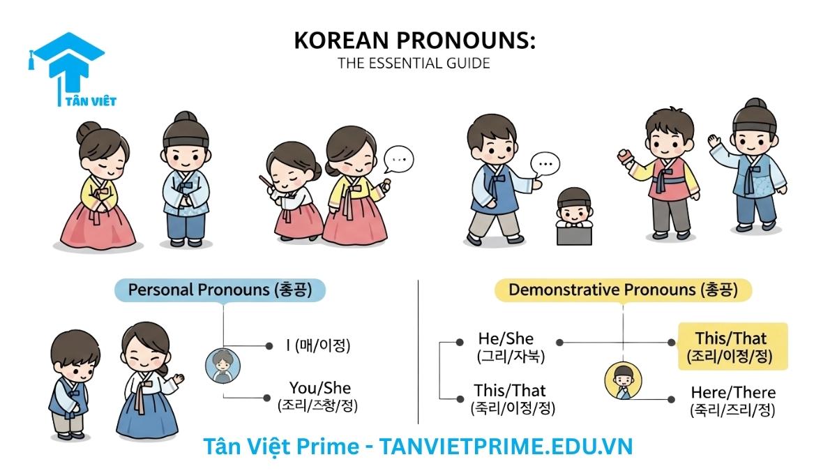 Infographic giải thích tổng quan về đại từ tiếng Hàn, mô tả các loại chính như đại từ nhân xưng và đại từ chỉ định, minh họa các ví dụ "tôi", "bạn", "này", "đó" bằng hình ảnh chibi dễ thương để làm rõ khái niệm cốt lõi. Hiểu nhanh các loại đại từ và cách dùng cơ bản trong tiếng Hàn.