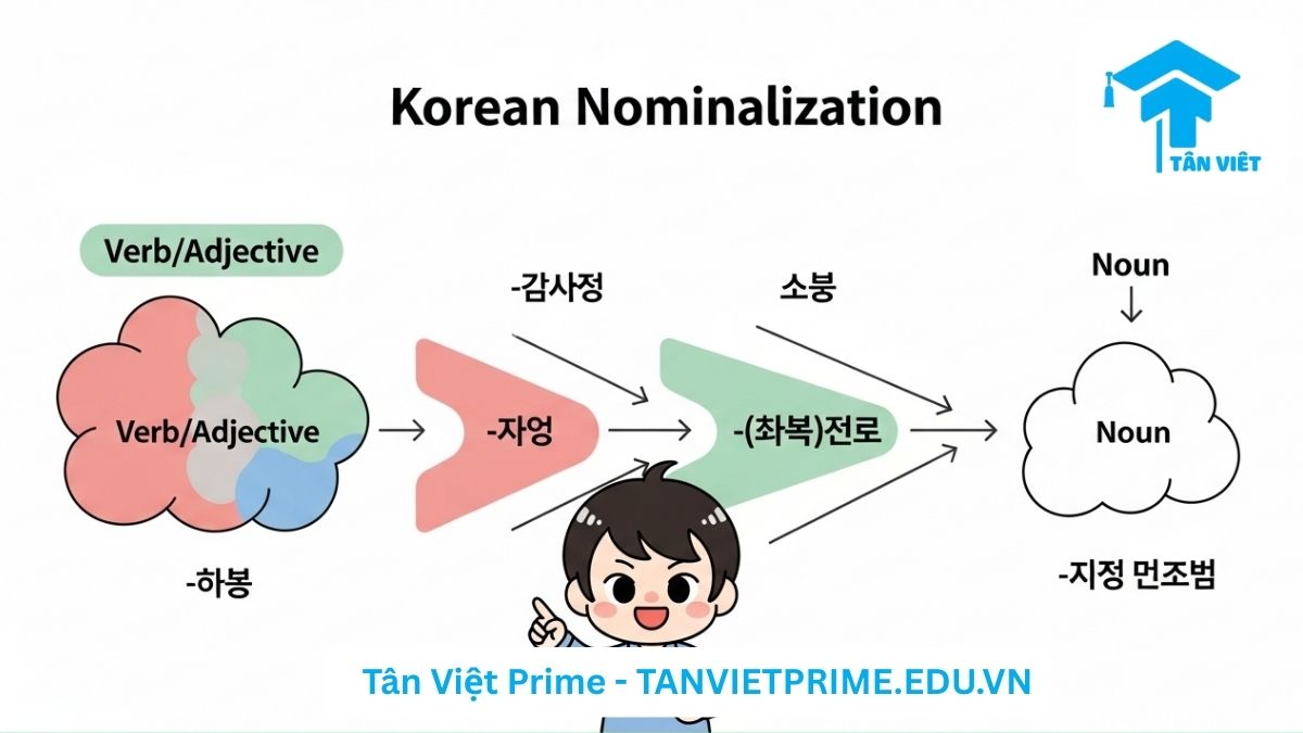 Infographic giải thích tổng quan về danh từ hóa tiếng Hàn, mô tả sơ đồ biến đổi một Động từ/Tính từ thành Danh từ thông qua 3 con đường khác nhau là hậu tố -기, -(으)ㅁ, và cấu trúc -는 것 để làm rõ khái niệm cốt lõi.