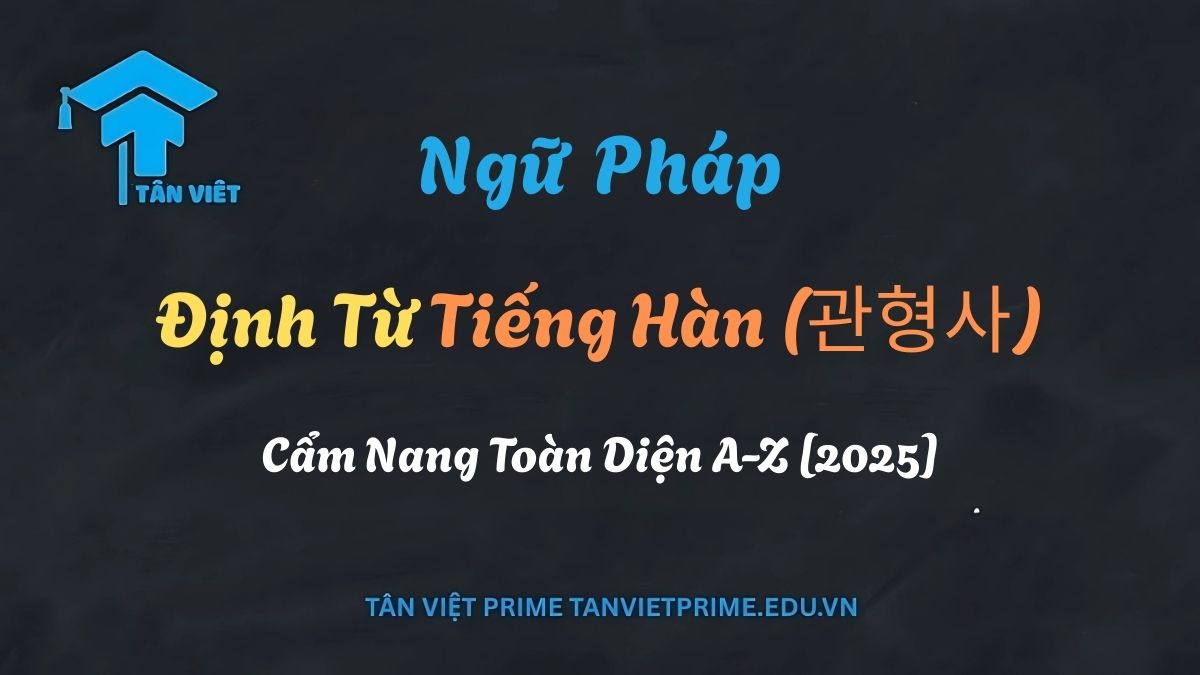 Infographic giải thích Định từ tiếng Hàn (관형사), mô tả cách các từ như '이/그/저' (này/đó/kia) và '새' (mới) bổ nghĩa cho danh từ để giúp người học xây dựng câu chính xác. Cẩm nang học ngữ pháp tiếng Hàn hiệu quả