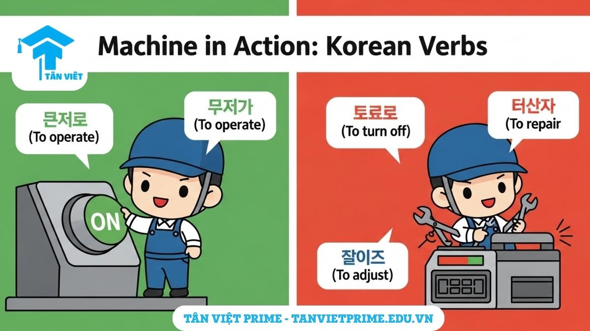 Từ Vựng Tiếng Hàn Về Máy Móc: Cẩm Nang A-Z Cho Ngành Kỹ Thuật 3 Infographic giải thích động từ tiếng Hàn vận hành và sửa chữa máy móc, mô tả nhân vật chibi đang thực hiện các hành động bật, tắt, sửa chữa, điều chỉnh máy móc để làm rõ các động từ thao tác máy móc cơ bản. Giúp kỹ thuật viên giao tiếp hiệu quả về công việc hàng ngày.