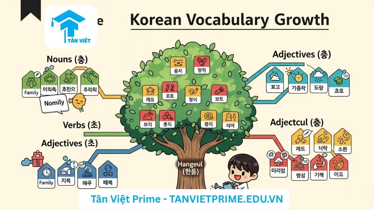 800+ Từ Vựng TOPIK 1: Toàn Tập Theo 16 Chủ Đề (Kèm Ví Dụ) 3 Sơ đồ cây kiến thức giải thích từ vựng TOPIK 1, mô tả một cái cây lớn với gốc là Hangeul, cành là loại từ và lá là các từ vựng theo chủ đề để làm rõ cách xây dựng vốn từ một cách hệ thống. Phù hợp cho người học tiếng Hàn sơ cấp.