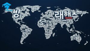 A world map made of Korean Hangul characters, illustrating Korean vocabulary for different countries (국가) and continents (대륙), a creative way to learn geography in Korean for beginners.