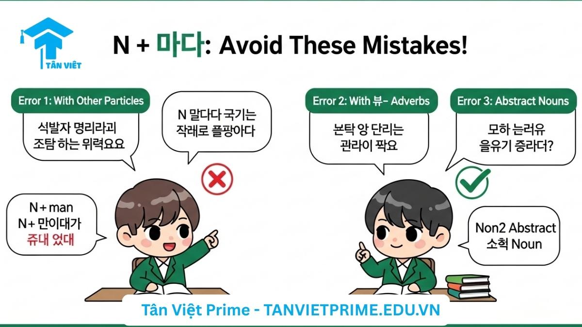 Hình ảnh minh họa các lỗi thường gặp khi sử dụng tiểu từ N + 마다 trong tiếng Hàn, chỉ ra lỗi dùng kèm tiểu từ khác, lỗi dùng với phó từ 매- và lỗi dùng với danh từ trừu tượng, kèm theo ví dụ đúng và sai để hướng dẫn cách khắc phục. Giúp người học tránh nhầm lẫn và sử dụng ngữ pháp chính xác.