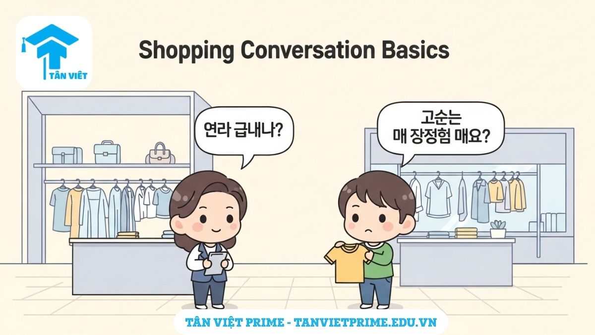 Từ Vựng Tiếng Hàn Chủ Đề Mua Sắm: Tổng Hợp Chi Tiết & Cách Giao Tiếp Hiệu Quả 3 Infographic giải thích các mẫu câu giao tiếp mua sắm tiếng Hàn, depicting một khách hàng và nhân viên chibi trong cửa hàng quần áo với các bong bóng thoại hỏi giá và xin mặc thử để làm rõ các tương tác cơ bản. Giúp người học tự tin giao tiếp khi mua quần áo.
