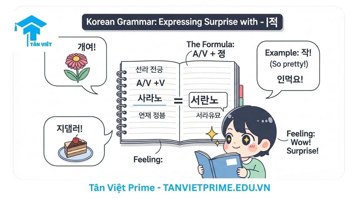 Infographic giải thích ngữ pháp A/V-네요 trong tiếng Hàn, mô tả một nhân vật chibi dễ thương bên cạnh công thức A/V + 네요 và các ví dụ cảm thán như "đẹp quá", "ngon quá" để giới thiệu cấu trúc câu diễn tả sự ngạc nhiên.