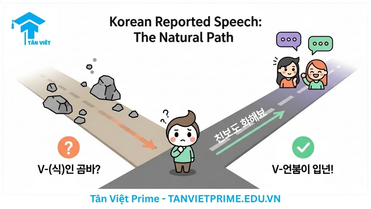 Infographic giải thích sự khác biệt giữa cách trích dẫn gián tiếp tự nhiên và không tự nhiên trong tiếng Hàn, mô tả một nhân vật chibi đứng trước hai con đường mang tên "V-(으)ㄹ까요라고 하다?" và "V-자고 하다" để làm rõ việc nên dùng cấu trúc nào khi thuật lại lời rủ rê. Giúp người học tránh lỗi sai phổ biến.