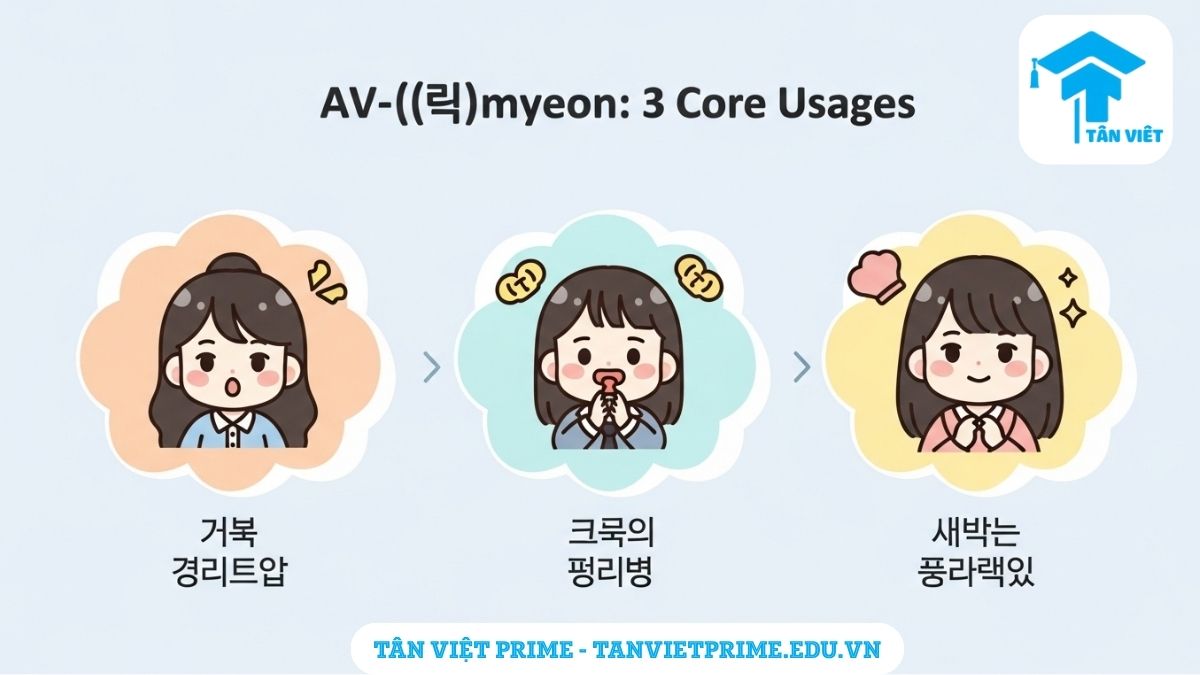 Ngữ pháp A/V-(으)면: Cách dùng "Nếu" & Phân biệt -ㄴ/는다면, -려면 2 Infographic giải thích 3 cách dùng cốt lõi của ngữ pháp tiếng Hàn A/V-(으)면, mô tả điều kiện giả định, sự thật chung và thói quen thông qua các nhân vật chibi dễ thương để làm rõ ý nghĩa "nếu, khi, mỗi khi". Giúp người học tiếng Hàn dễ dàng hình dung và ghi nhớ.