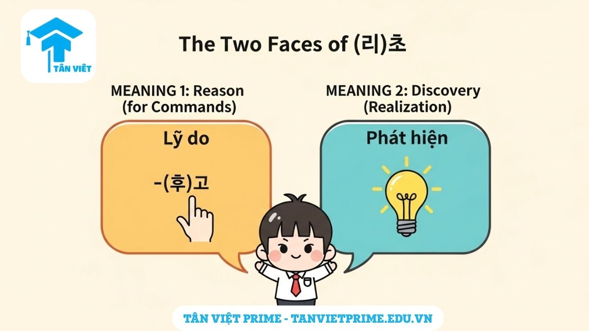 Hình ảnh minh họa 2 ý nghĩa của ngữ pháp (으)니까: một nhân vật chibi chỉ ra cách dùng "vì...nên" (lý do) và cách dùng "làm...thì thấy" (phát hiện).