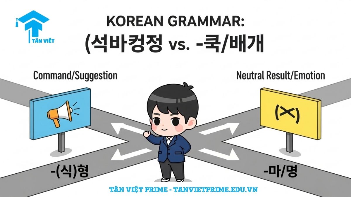 Infographic so sánh ngữ pháp (으)니까 và -아/어서, mô tả một nhân vật chibi chọn giữa hai con đường: (으)니까 dùng cho câu mệnh lệnh, rủ rê và -아/어서 dùng cho câu chào hỏi, cảm ơn.