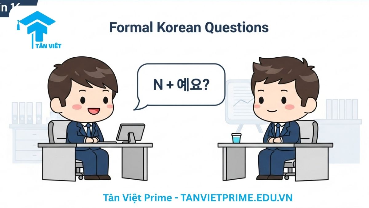 Hình ảnh minh họa giải thích ngữ pháp tiếng Hàn N + 입니까?, mô tả hai nhân vật chibi trong một cuộc phỏng vấn trang trọng, trong đó một người hỏi "성함이 무엇입니까?" để làm rõ bối cảnh sử dụng đuôi câu hỏi lịch sự, chuyên nghiệp. Giúp người học hình dung cách đặt câu hỏi trong môi trường công sở.