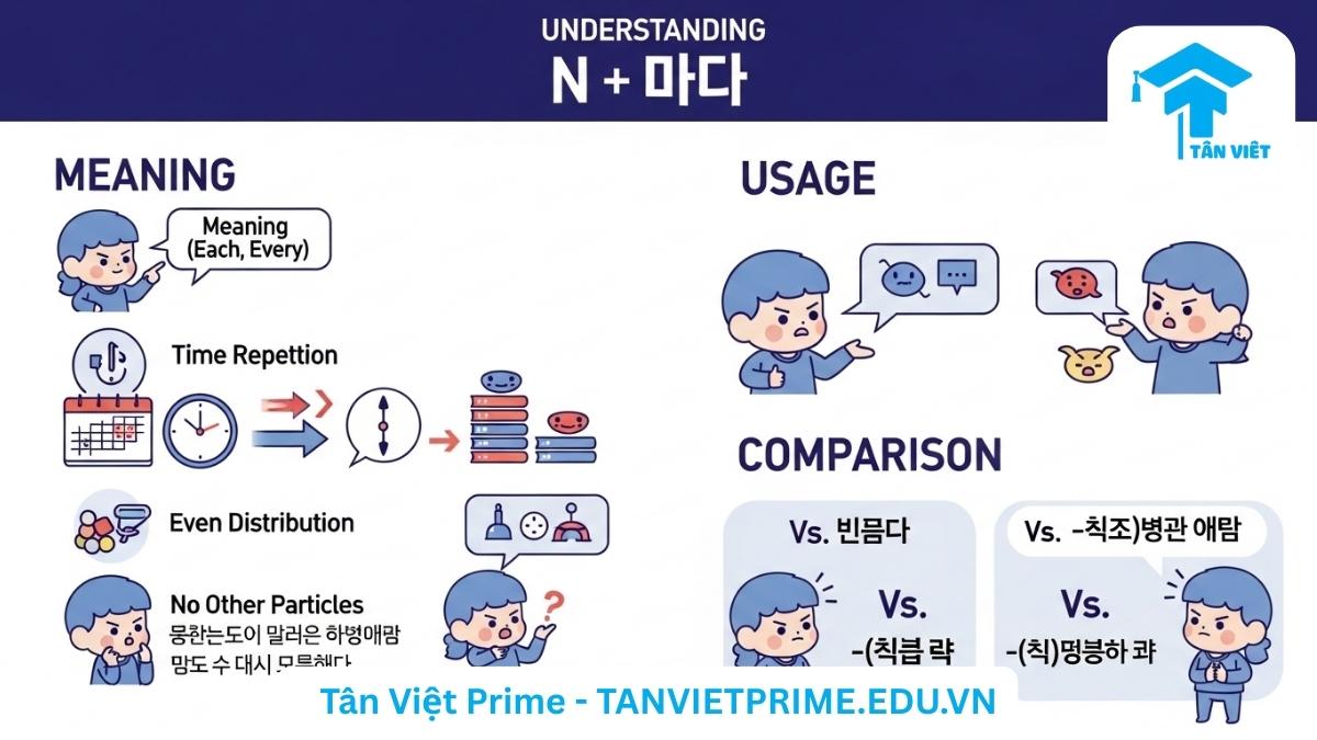 Infographic giải thích tiểu từ N + 마다 trong tiếng Hàn, mô tả ý nghĩa "mỗi, mọi", cách dùng cho sự lặp lại thời gian và phân phối đồng đều, quy tắc không đi kèm tiểu từ khác, và so sánh với 매일, -(으)ㄹ 때마다 để làm rõ ngữ pháp quan trọng này. Hướng dẫn sử dụng N + 마다 một cách chính xác.